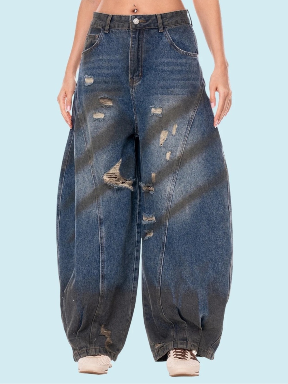 Galita Distressed Wide-Leg Blue Dirty Denim Barrel Jeans